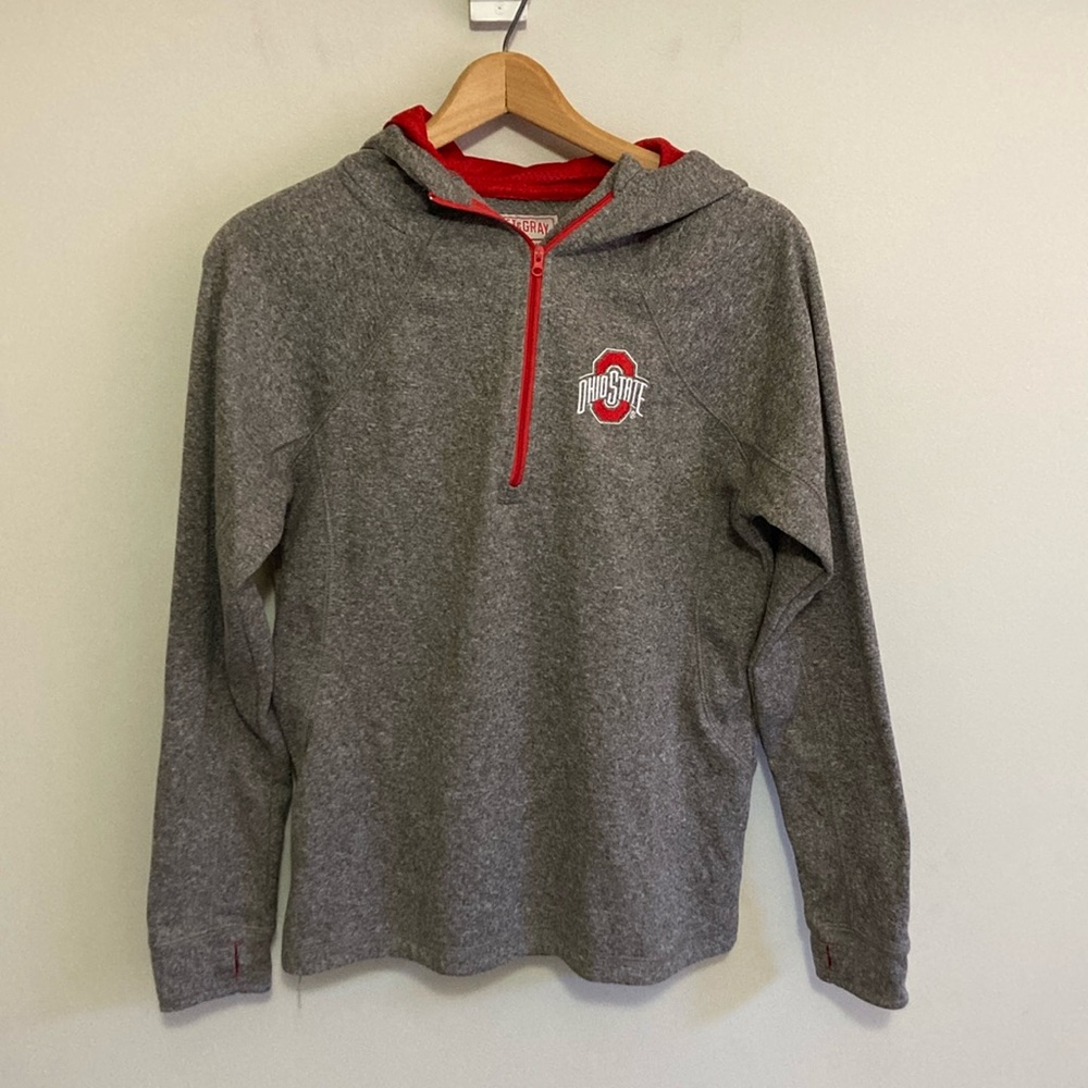 Ohio State 1/4 zip Hoodie sweatshirt, Scarlet & Gray, Gray athletic wear, Small